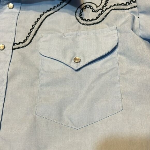 Retro Western Light Blue Shirt Black Embroidery Snap Buttons Front Pockets Size - Picture 4 of 9
